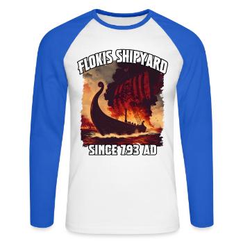 Incendie Viking au chantier naval Flokis - T-shirt baseball manches longues Homme - blanc/bleu royal - Devant - Nik (191cm)