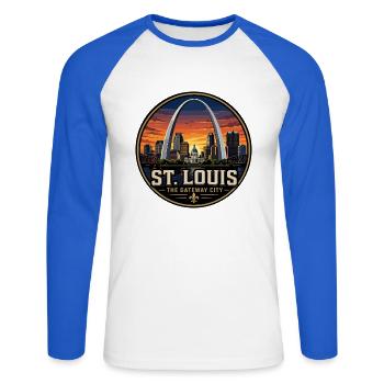 Emblème rétro de l’arc de la ville Gateway de St Louis - T-shirt baseball manches longues Homme - blanc/bleu royal - Devant - Nik (191cm)