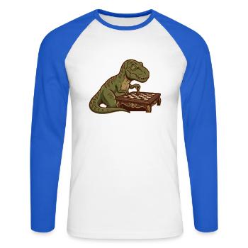 Dinosaure T-Rex jouant aux échecs - T-shirt baseball manches longues Homme - blanc/bleu royal - Devant - Nik (191cm)