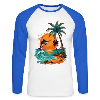 Jumping Fish at Tropical Sunset Palm Sea Beach - Unisex Long Sleeve Baseball T-Shirt - white/royal blue - Front - Nik (191cm)