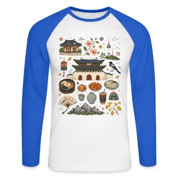 Séoul | Palais, street food et Corée - T-shirt baseball manches longues Homme - blanc/bleu royal - Devant - Nik (191cm)