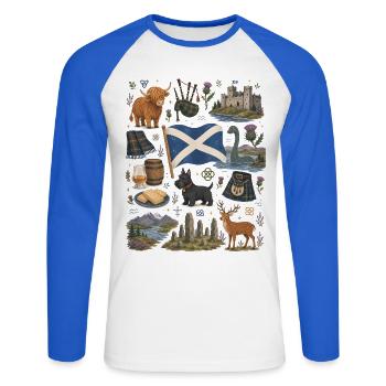 Écosse | Highlands, Kilt & Whisky - T-shirt baseball manches longues Homme - blanc/bleu royal - Devant - Nik (191cm)