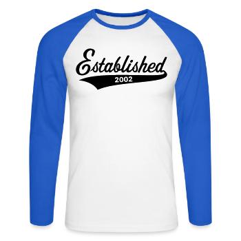 Established 2002 (Year of Birth, Birthday / Black) - Unisex Long Sleeve Baseball T-Shirt - white/royal blue - Front - Nik (191cm)