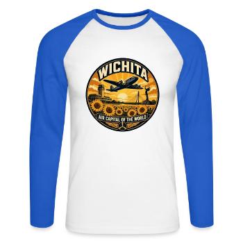 Wichita Air Capital Retro Aviation Badge - Unisex Long Sleeve Baseball T-Shirt - white/royal blue - Front - Nik (191cm)