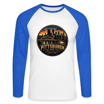 Pittsburgh Steel City Retro Bridge Welding Badge - Unisex Long Sleeve Baseball T-Shirt - white/royal blue - Front - Nik (191cm)
