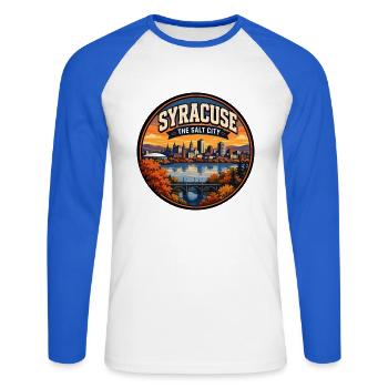 Syracuse : Le badge de la Skyline rétro des lacs de Salt City - T-shirt baseball manches longues Homme - blanc/bleu royal - Devant - Nik (191cm)