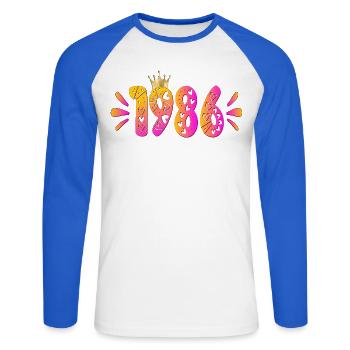 Couronne d’anniversaire 1986 - T-shirt baseball manches longues Homme - blanc/bleu royal - Devant - Nik (191cm)