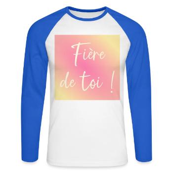 Fière de toi - T-shirt baseball manches longues Homme - blanc/bleu royal - Devant - Nik (191cm)