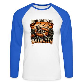 Attendant l’anticipation du squelette d’Halloween - T-shirt baseball manches longues Homme - blanc/bleu royal - Devant - Nik (191cm)
