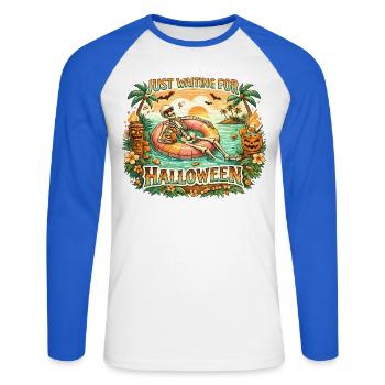 Attendant l’anticipation du squelette d’Halloween - T-shirt baseball manches longues Homme - blanc/bleu royal - Devant - Nik (191cm)