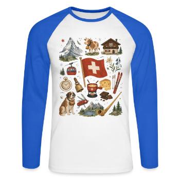 Suisse | Alpes, romance fromage et hutte - T-shirt baseball manches longues Homme - blanc/bleu royal - Devant - Nik (191cm)