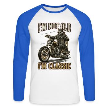 Je ne suis pas vieux, je suis du classique | Biker | Moto - T-shirt baseball manches longues Homme - blanc/bleu royal - Devant - Nik (191cm)