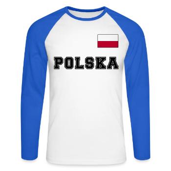 Polen Trikot Look – POLSKA mit Fahne bzw. Flagge - Unisex Baseballshirt langarm - Weiß/Royalblau - Vorne - Nik (191cm)
