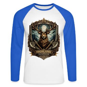 Wappen des Highland Guardian Deer - Unisex Baseballshirt langarm - Weiß/Royalblau - Vorne - Nik (191cm)