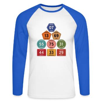 Vintage France Departments - Unisex Long Sleeve Baseball T-Shirt - white/royal blue - Front - Nik (191cm)