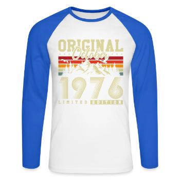 Original octobre 1976 – millésime du 50e anniversaire - T-shirt baseball manches longues Homme - blanc/bleu royal - Devant - Nik (191cm)