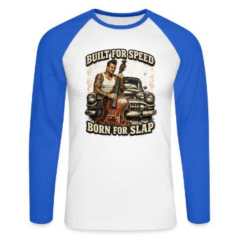 Rockabilly Double Bass Voiture Classique - Conçue pour la vitesse - T-shirt baseball manches longues Homme - blanc/bleu royal - Devant - Nik (191cm)