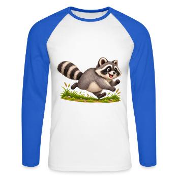 Jimothy Raccoon Meme - T-shirt baseball manches longues Homme - blanc/bleu royal - Devant - Nik (191cm)