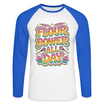 Pâtissier Chef Farine Power All Day Pâtissiere - T-shirt baseball manches longues Homme - blanc/bleu royal - Devant - Nik (191cm)