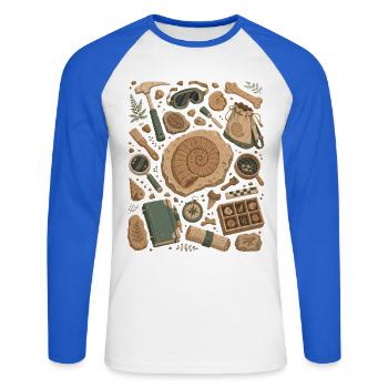 Chasse aux fossiles | Paléontologie et ammonites - T-shirt baseball manches longues Homme - blanc/bleu royal - Devant - Nik (191cm)
