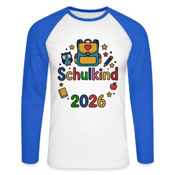 Schulkind 2026 | Dein Name | Personalisierbar - Unisex Baseballshirt langarm - Weiß/Royalblau - Vorne - Nik (191cm)
