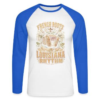 Culture cajun Racines françaises Louisiane Rythme - T-shirt baseball manches longues Homme - blanc/bleu royal - Devant - Nik (191cm)