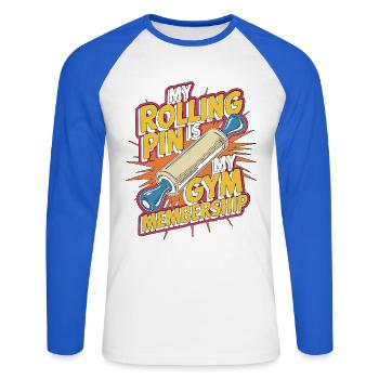 Chef pâtissier Mon rouleau à pâtisserie est mon chef boulanger de gym - T-shirt baseball manches longues Homme - blanc/bleu royal - Devant - Nik (191cm)