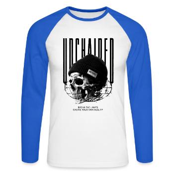 Crâne avec tuque déchaîné - T-shirt baseball manches longues Homme - blanc/bleu royal - Devant - Nik (191cm)