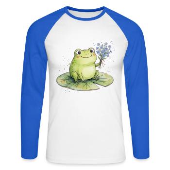 Grenouille mignonne avec des fleurs de myosotis - T-shirt baseball manches longues Homme - blanc/bleu royal - Devant - Nik (191cm)