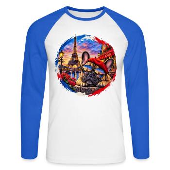Paris Französische Bulldogge  - Unisex Baseballshirt langarm - Weiß/Royalblau - Vorne - Nik (191cm)