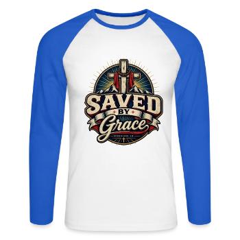 Sauvés par la grâce – Foi chrétienne - T-shirt baseball manches longues Homme - blanc/bleu royal - Devant - Nik (191cm)