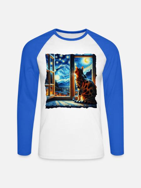 Bengalkatze Starry Night - Unisex Baseballshirt langarm - Weiß/Royalblau
