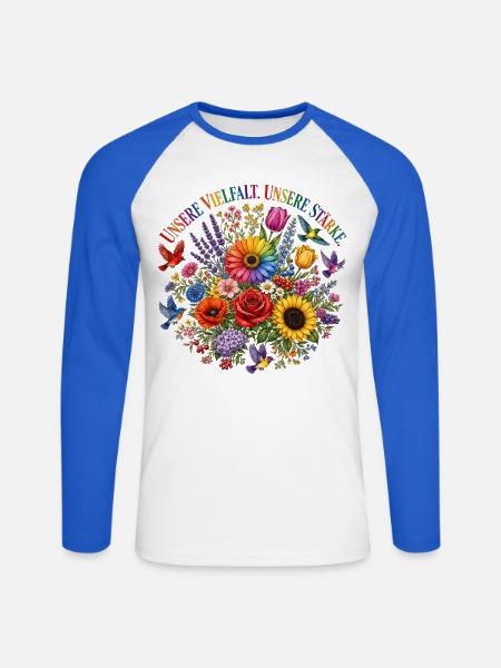 Unsere Vielfalt Unsere Stärke Blumenmotiv Pride - Unisex Baseballshirt langarm - Weiß/Royalblau