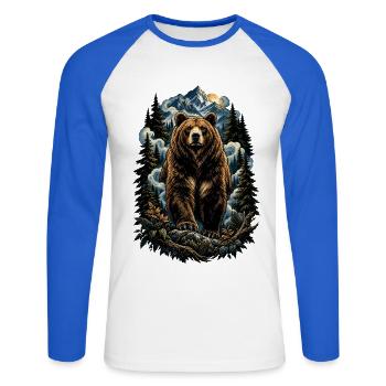 Bär im Bergwald – Natur-Tierkunst - Unisex Baseballshirt langarm - Weiß/Royalblau - Vorne - Nik (191cm)
