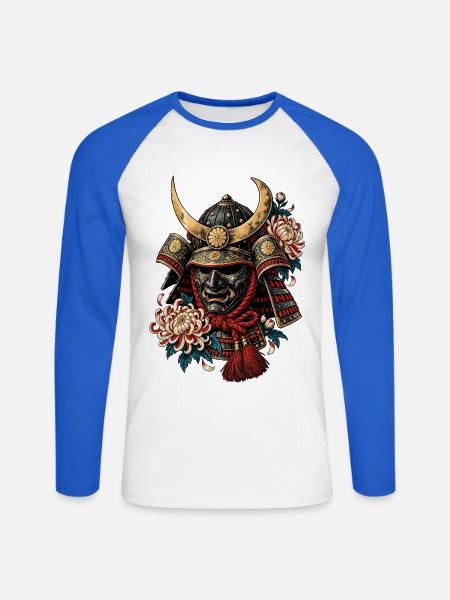 Blüten-Samurai Helm Mask - Unisex Baseballshirt langarm - Weiß/Royalblau