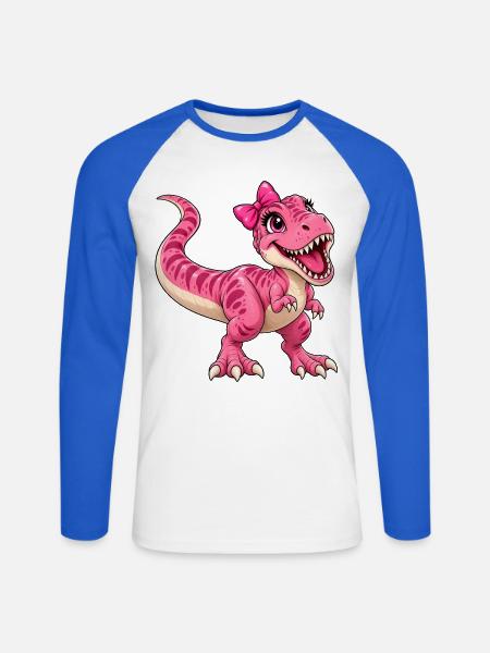 Pinker Dino mit Schleife - Unisex Baseballshirt langarm - Weiß/Royalblau