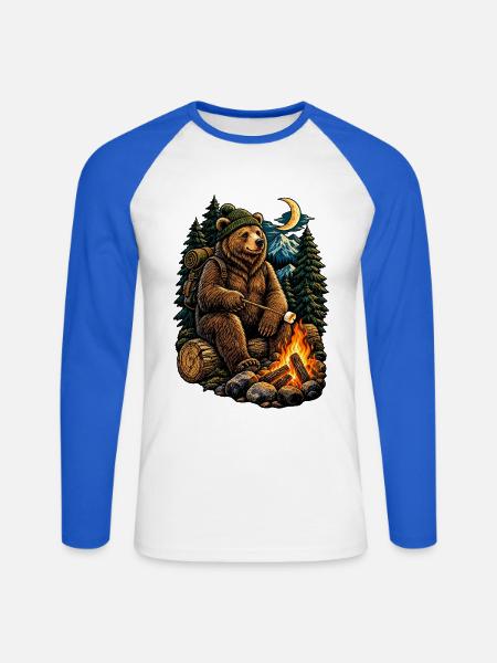 Bär am Lagerfeuer Waldnacht - Unisex Baseballshirt langarm - Weiß/Royalblau