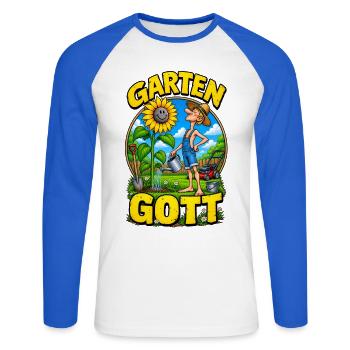 Garten Gott – Funny Gardener Gardening - Unisex Baseballshirt langarm - Weiß/Royalblau - Vorne - Nik (191cm)