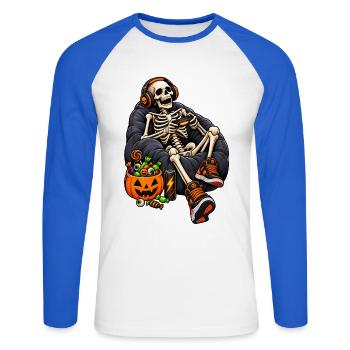 Fun Halloween video game with a skeleton - Unisex Baseballshirt langarm - Weiß/Royalblau - Vorne - Nik (191cm)