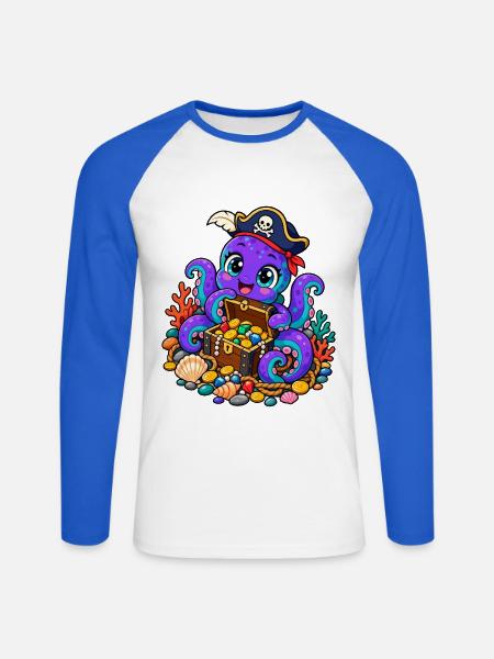 Piraten-Tintenfisch mit Schatztruhe - Unisex Baseballshirt langarm - Weiß/Royalblau