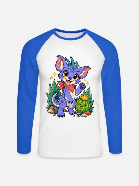 Kawaii Drache am Kaktusfreund - Unisex Baseballshirt langarm - Weiß/Royalblau