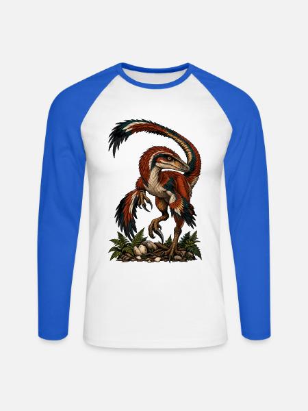 Bunter Urvogel-Raptor auf Dunkel - Unisex Baseballshirt langarm - Weiß/Royalblau