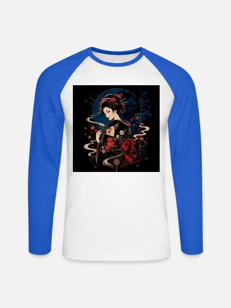 Geisha mit Blumenfächer - Unisex Baseballshirt langarm - Weiß/Royalblau