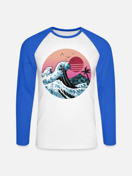 Retro Sunset Wave mit Palme - Unisex Baseballshirt langarm - Weiß/Royalblau