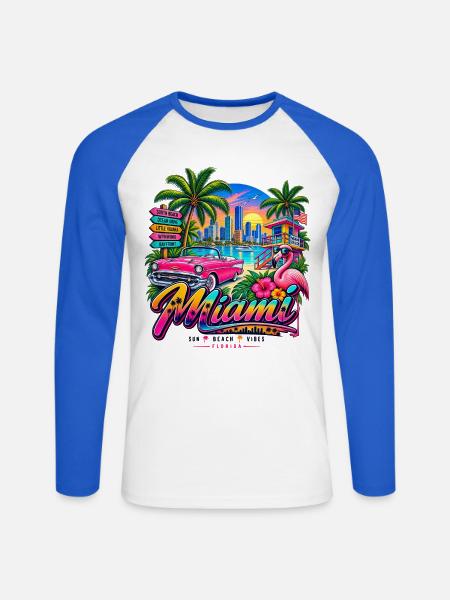 Miami – Sun, Beach & Vibes - Unisex Baseballshirt langarm - Weiß/Royalblau