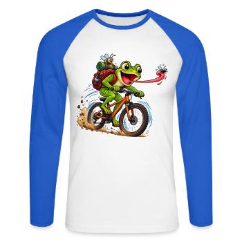 Funny Frog Riding Bicycle Cartoon - Unisex Baseballshirt langarm - Weiß/Royalblau - Vorne - Nik (191cm)
