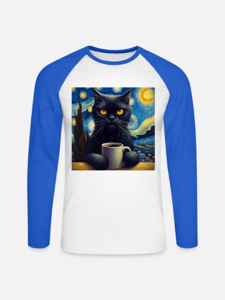 Schwarze Katze Starry Night - Unisex Baseballshirt langarm - Weiß/Royalblau