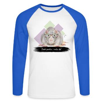JvG Ratte "Denk positiv, i roz da!" - Unisex Baseballshirt langarm - Weiß/Royalblau - Vorne - Nik (191cm)