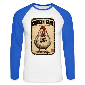  Chicken Game Don’t Look at the Chicken  - Unisex Baseballshirt langarm - Weiß/Royalblau - Vorne - Nik (191cm)