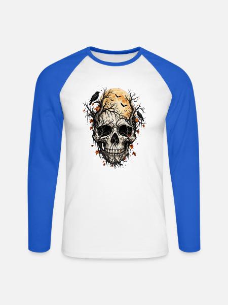 Der Rabe und der Schädel - Unisex Baseballshirt langarm - Weiß/Royalblau